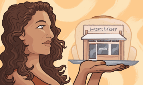 GIF Illustration of the owner of a Miami based bakery and her shop changing into a muffin.